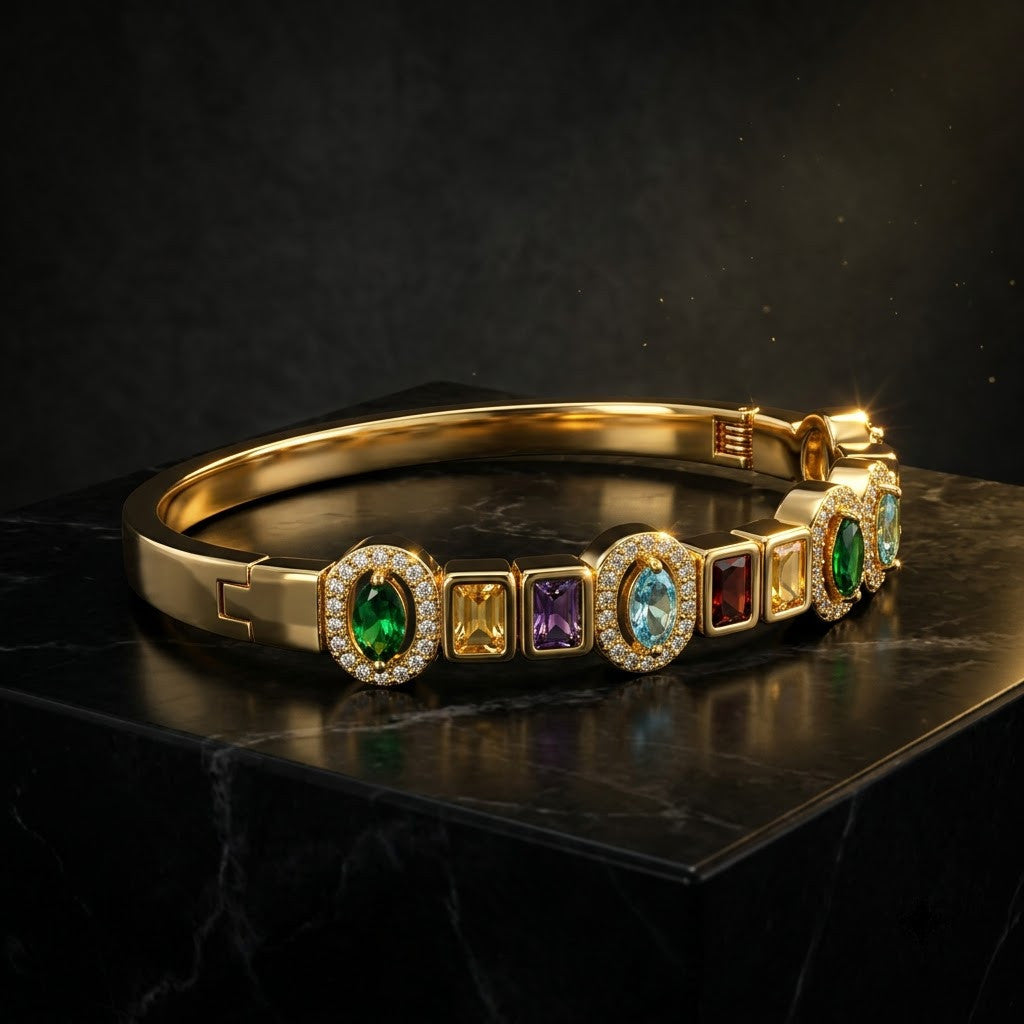 Navratna Art-Deco Multi-Gemstone Halo Hinged Bangle - 07 Moody Shot