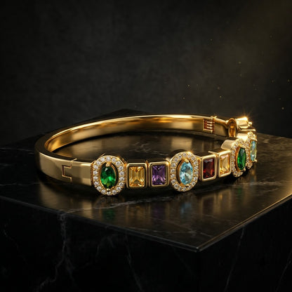 Navratna Art-Deco Multi-Gemstone Halo Hinged Bangle - 07 Moody Shot