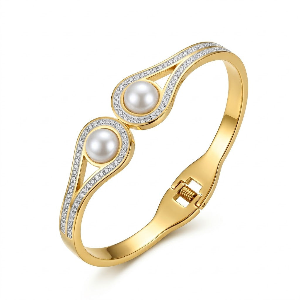 Dual Lustrous Pearl & Micropavé Teardrop Hinged Bangle - 01 Studio Shot