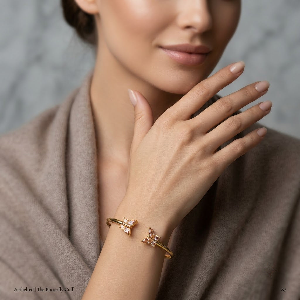 Dual Rose Blush Crystal Butterfly Open Cuff Bangle - 02 Model Shot