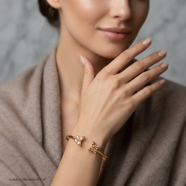 Dual Rose Blush Crystal Butterfly Open Cuff Bangle - 02 Model Shot