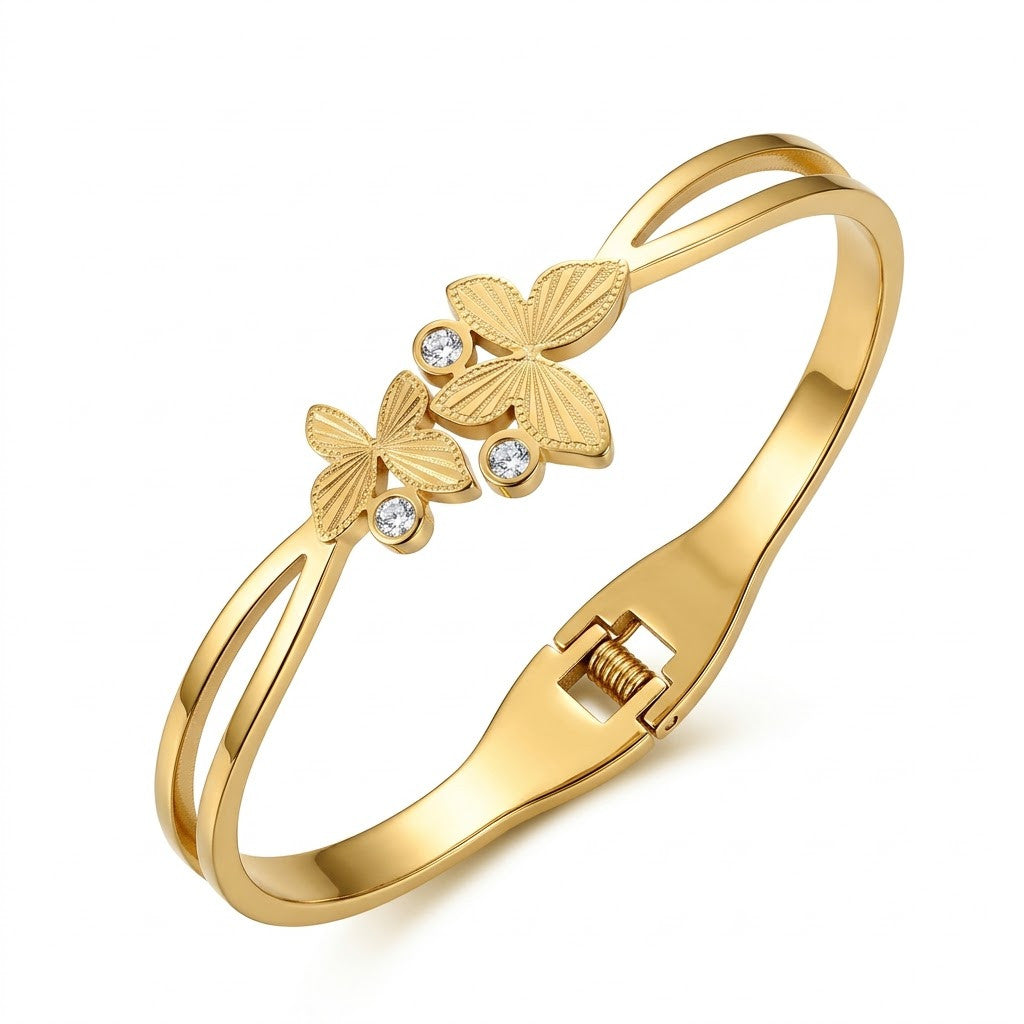 Golden Papillon Fluted Butterfly Wing Hinged Bangle - 01 Studio Shot