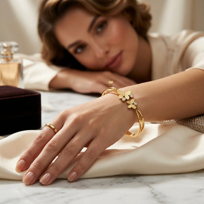 Golden Papillon Fluted Butterfly Wing Hinged Bangle - 02 Model Shot