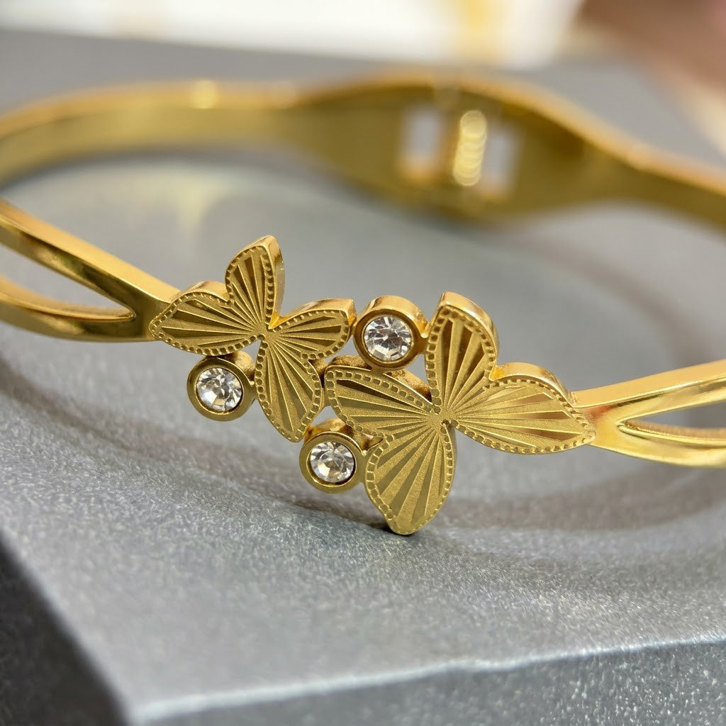 Golden Papillon Fluted Butterfly Wing Hinged Bangle - 03 Close Up Shot