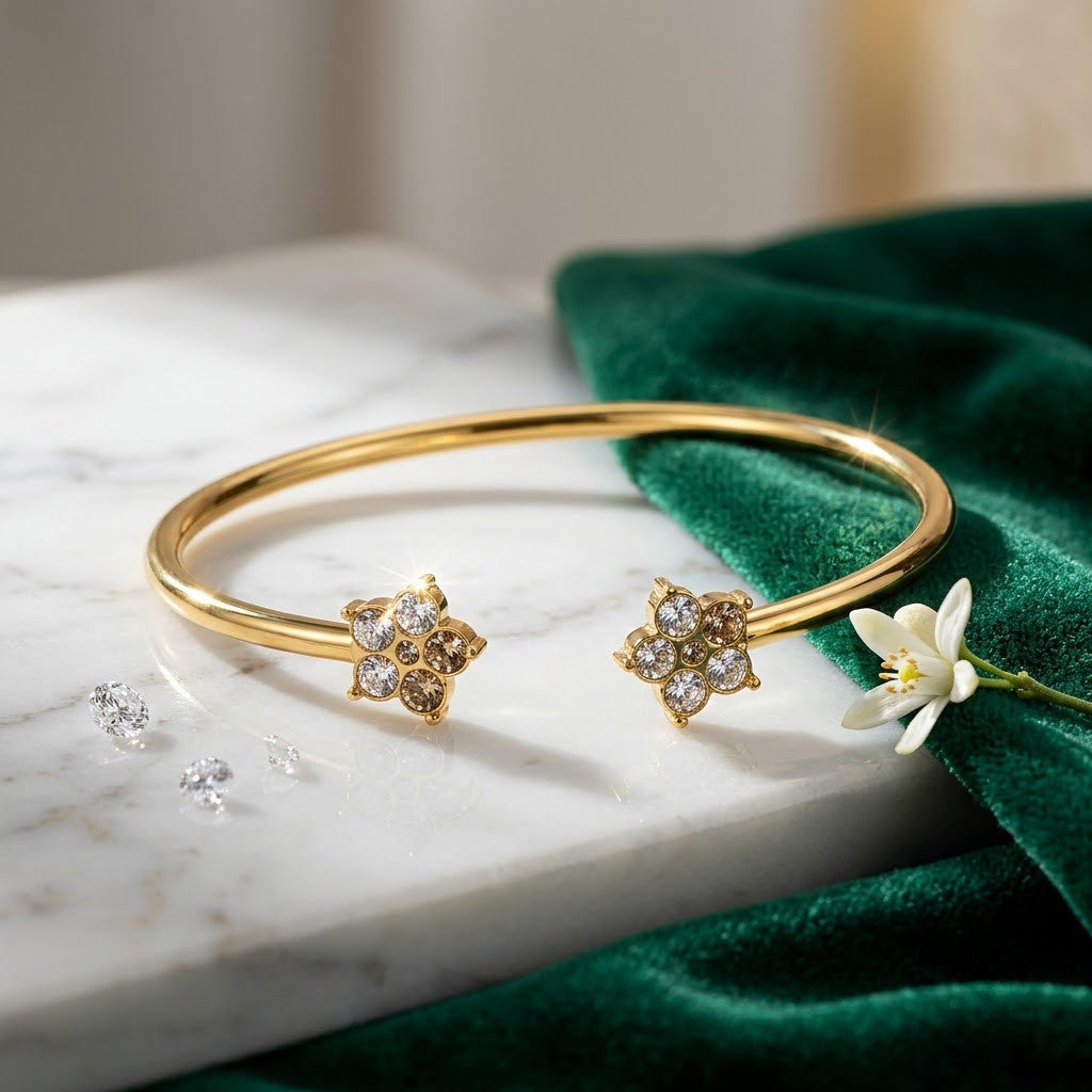 Petite Crystal Blossom Floral Open Cuff Bangle - 04 Creative Shot