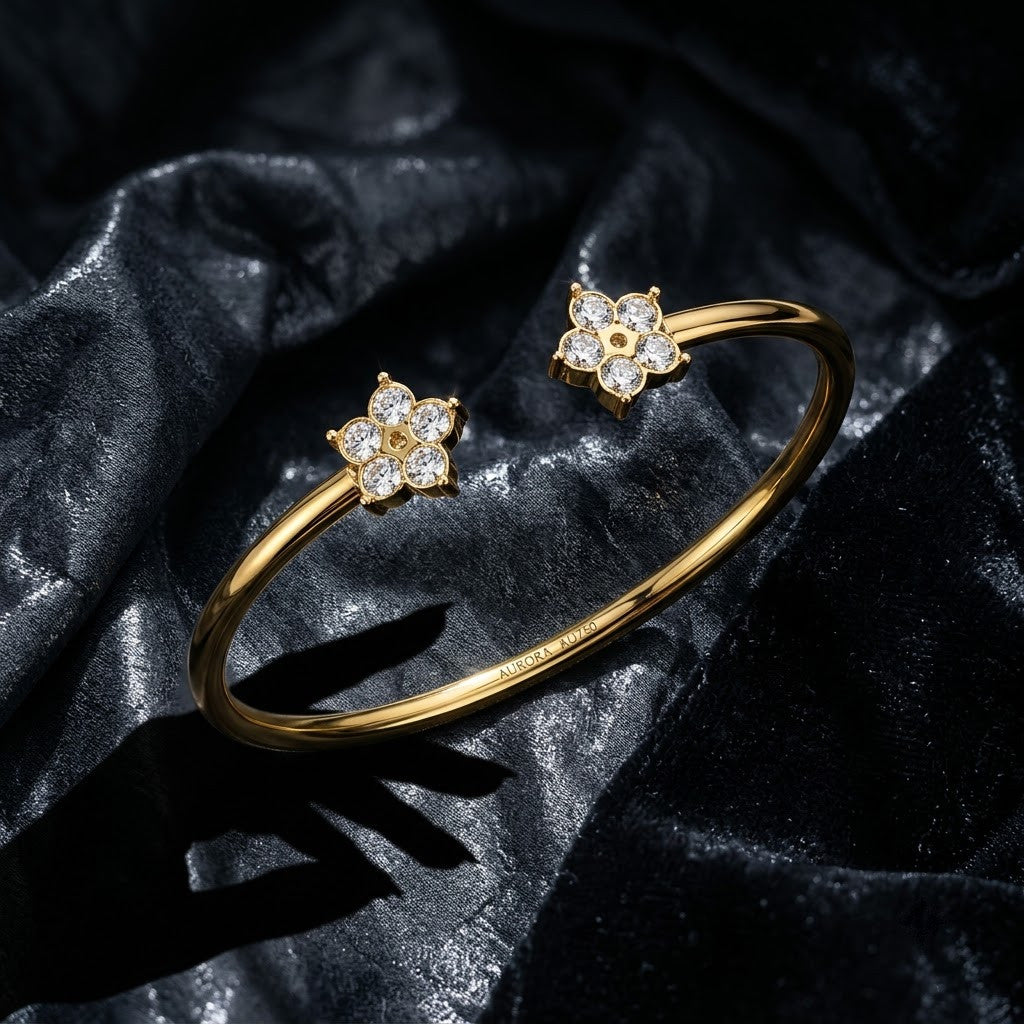 Petite Crystal Blossom Floral Open Cuff Bangle - 06 Editorial Shot