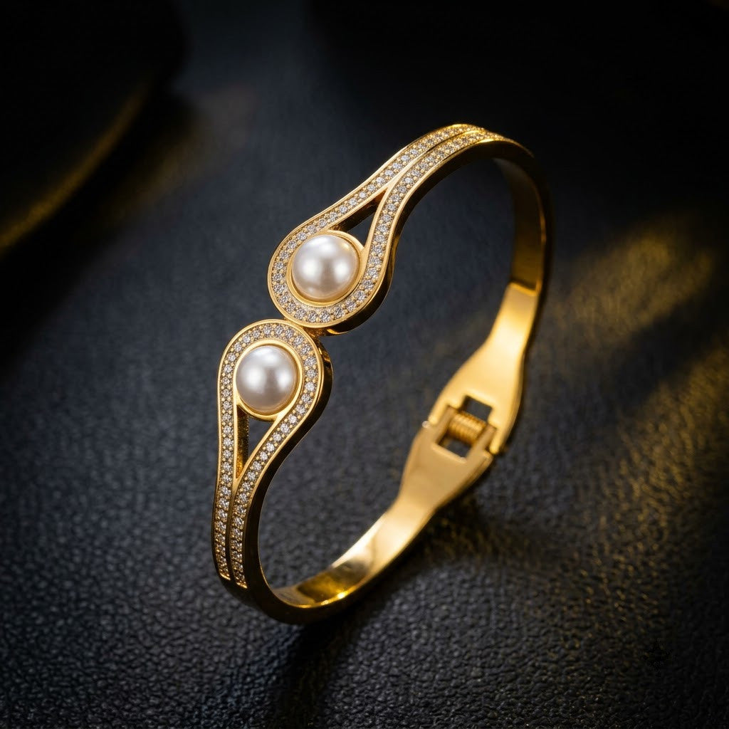 Dual Lustrous Pearl & Micropavé Teardrop Hinged Bangle - 07 Moody Shot