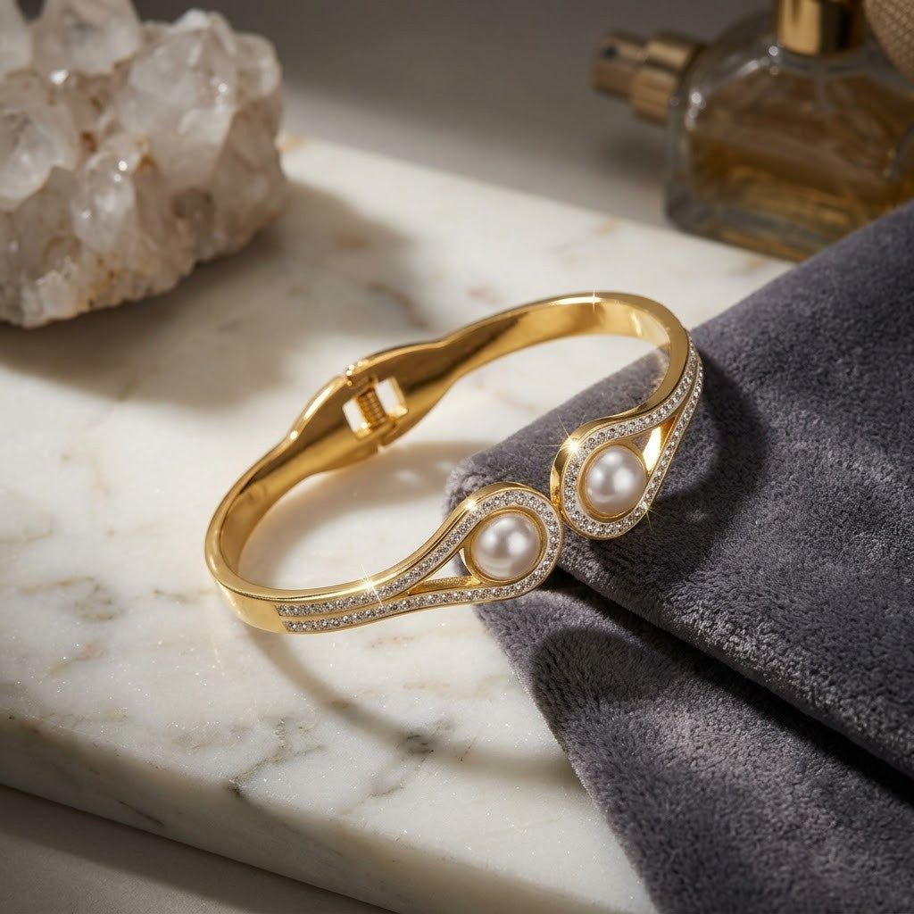 Dual Lustrous Pearl & Micropavé Teardrop Hinged Bangle - 04 Creative Shot