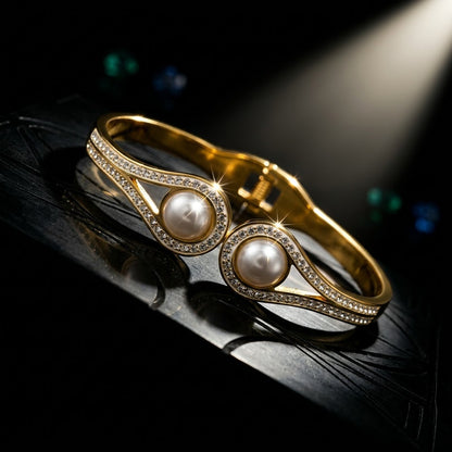 Dual Lustrous Pearl & Micropavé Teardrop Hinged Bangle - 06 Editorial Shot