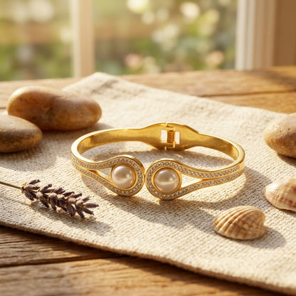 Dual Lustrous Pearl & Micropavé Teardrop Hinged Bangle - 05 Lifestyle Shot