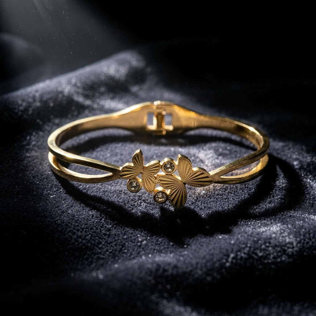 Golden Papillon Fluted Butterfly Wing Hinged Bangle - 06 Editorial Shot