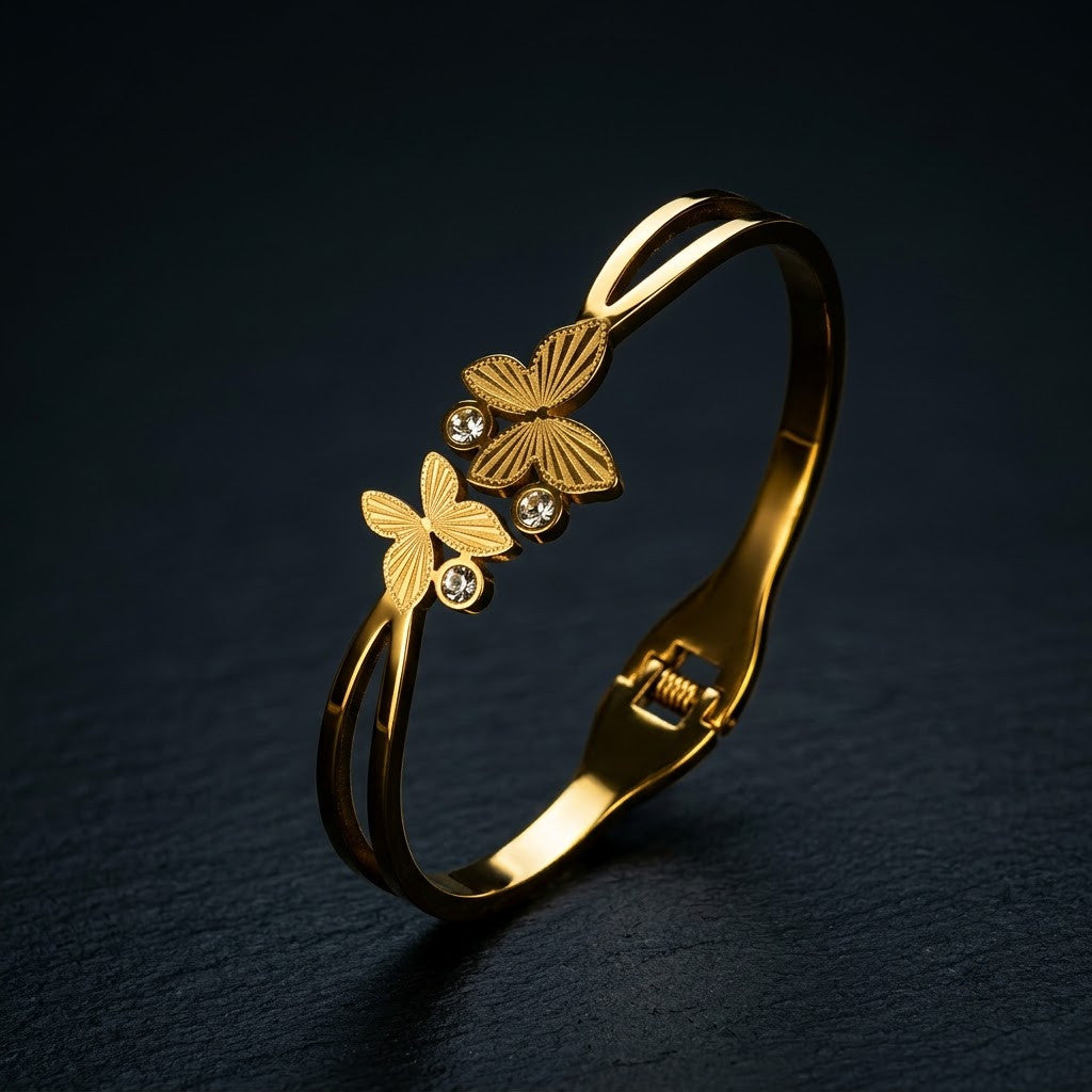 Golden Papillon Fluted Butterfly Wing Hinged Bangle - 07 Moody Shot