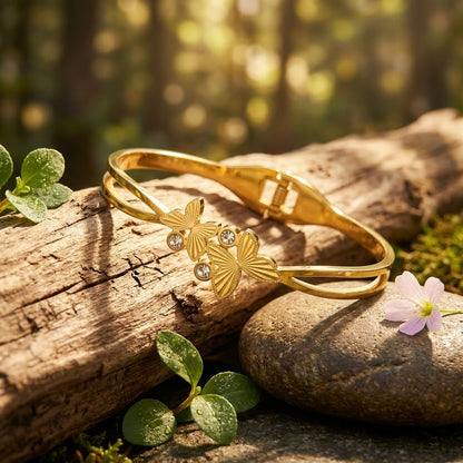 Golden Papillon Fluted Butterfly Wing Hinged Bangle - 05 Lifestyle Shot