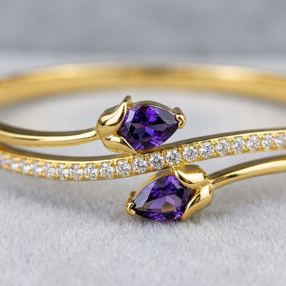 Royal Amethyst Violet Pear Gemstone Bypass Bangle - 03 Close Up Shot