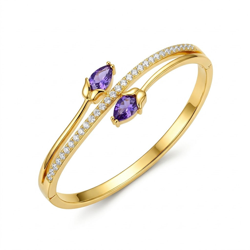 Royal Amethyst Violet Pear Gemstone Bypass Bangle - 01 Studio Shot