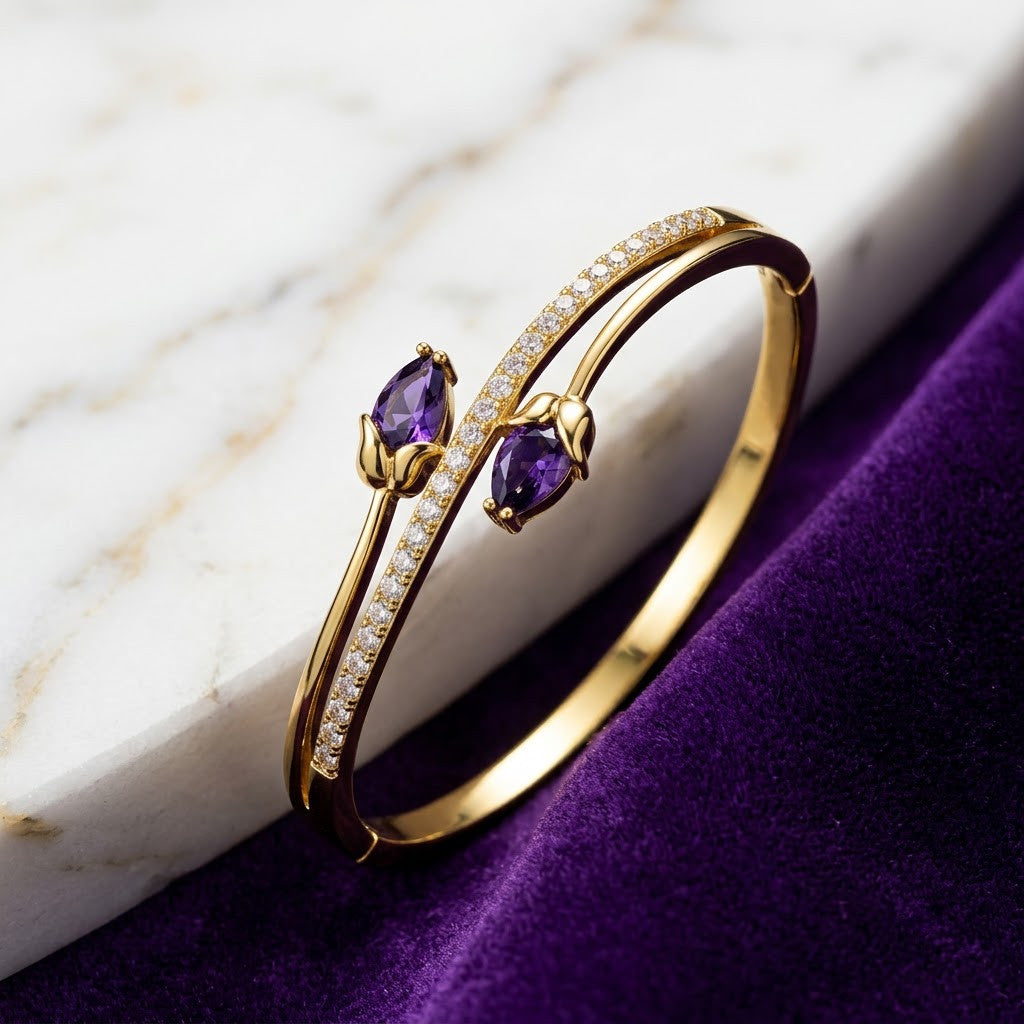 Royal Amethyst Violet Pear Gemstone Bypass Bangle - 04 Creative Shot