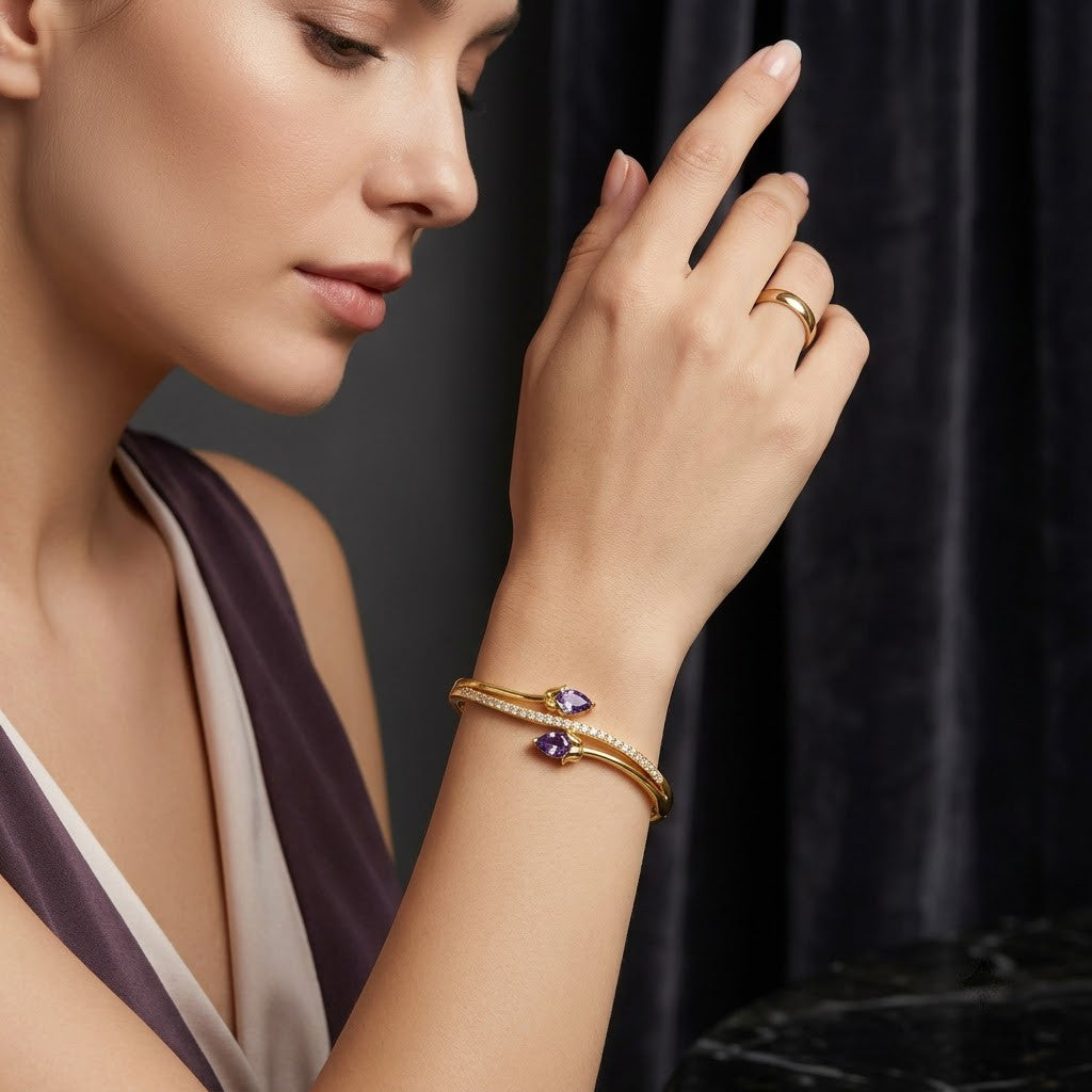 Royal Amethyst Violet Pear Gemstone Bypass Bangle - 02 Model Shot