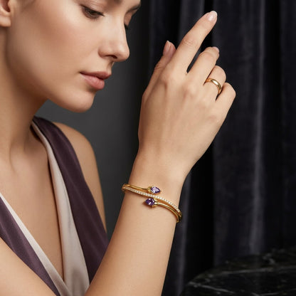 Royal Amethyst Violet Pear Gemstone Bypass Bangle - 02 Model Shot