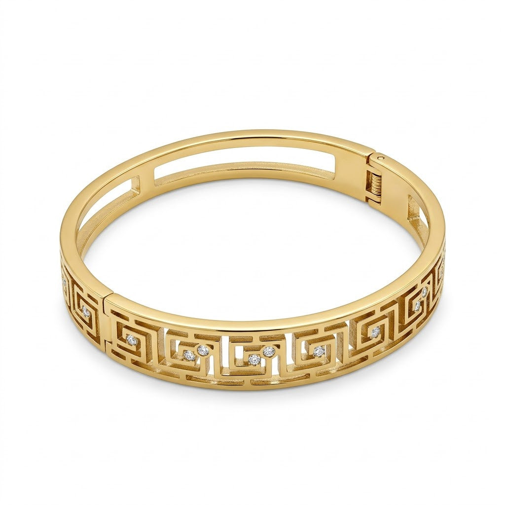 Imperial Greek Key Meander Geometric Openwork Bangle - 01 Studio Shot