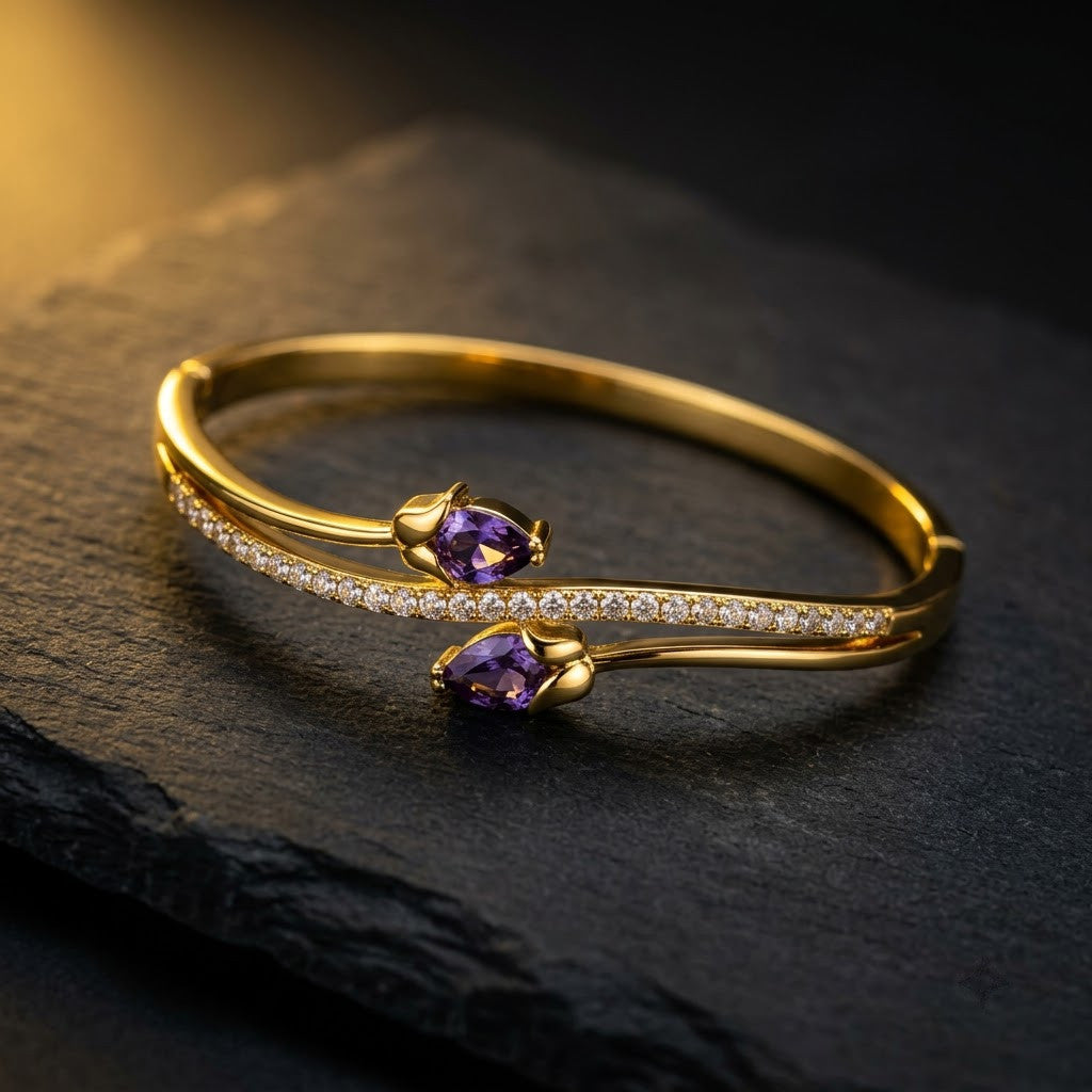 Royal Amethyst Violet Pear Gemstone Bypass Bangle - 07 Moody Shot
