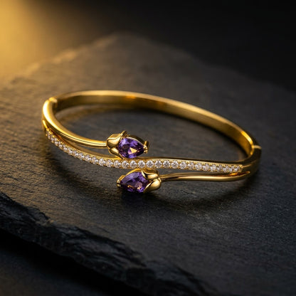 Royal Amethyst Violet Pear Gemstone Bypass Bangle - 07 Moody Shot