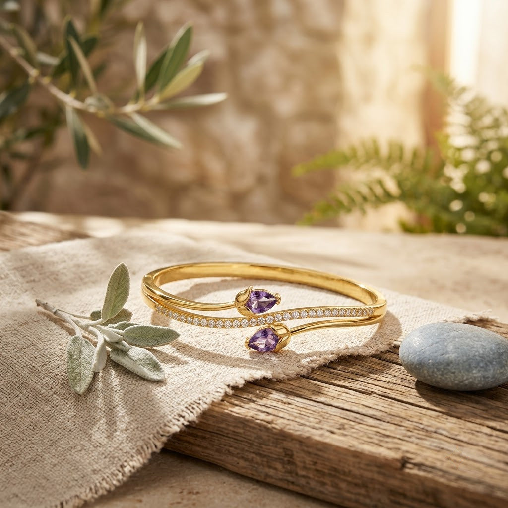 Royal Amethyst Violet Pear Gemstone Bypass Bangle - 05 Lifestyle Shot