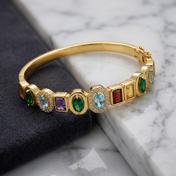 Navratna Art-Deco Multi-Gemstone Halo Hinged Bangle - 04 Creative Shot