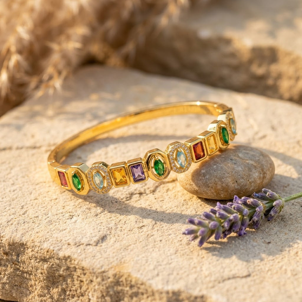 Navratna Art-Deco Multi-Gemstone Halo Hinged Bangle - 05 Lifestyle Shot