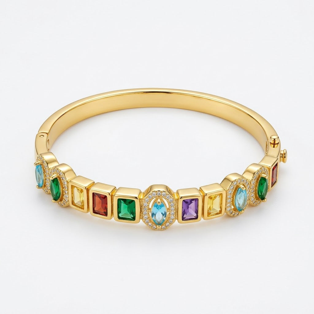 Navratna Art-Deco Multi-Gemstone Halo Hinged Bangle - 01 Studio Shot