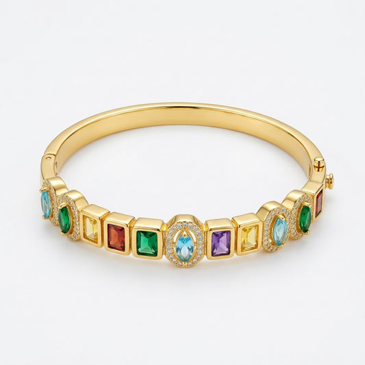 Navratna Art-Deco Multi-Gemstone Halo Hinged Bangle - 01 Studio Shot
