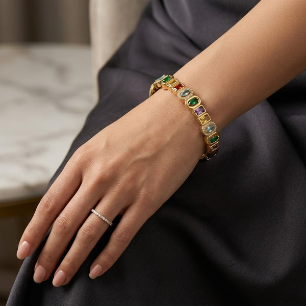 Navratna Art-Deco Multi-Gemstone Halo Hinged Bangle - 02 Model Shot