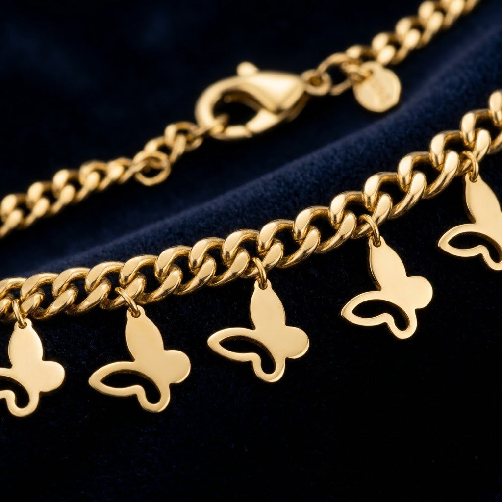 Cascading Flutter Butterfly Charm Fringe Anklet - View 3 | ANUSI 18K Gold Jewelry