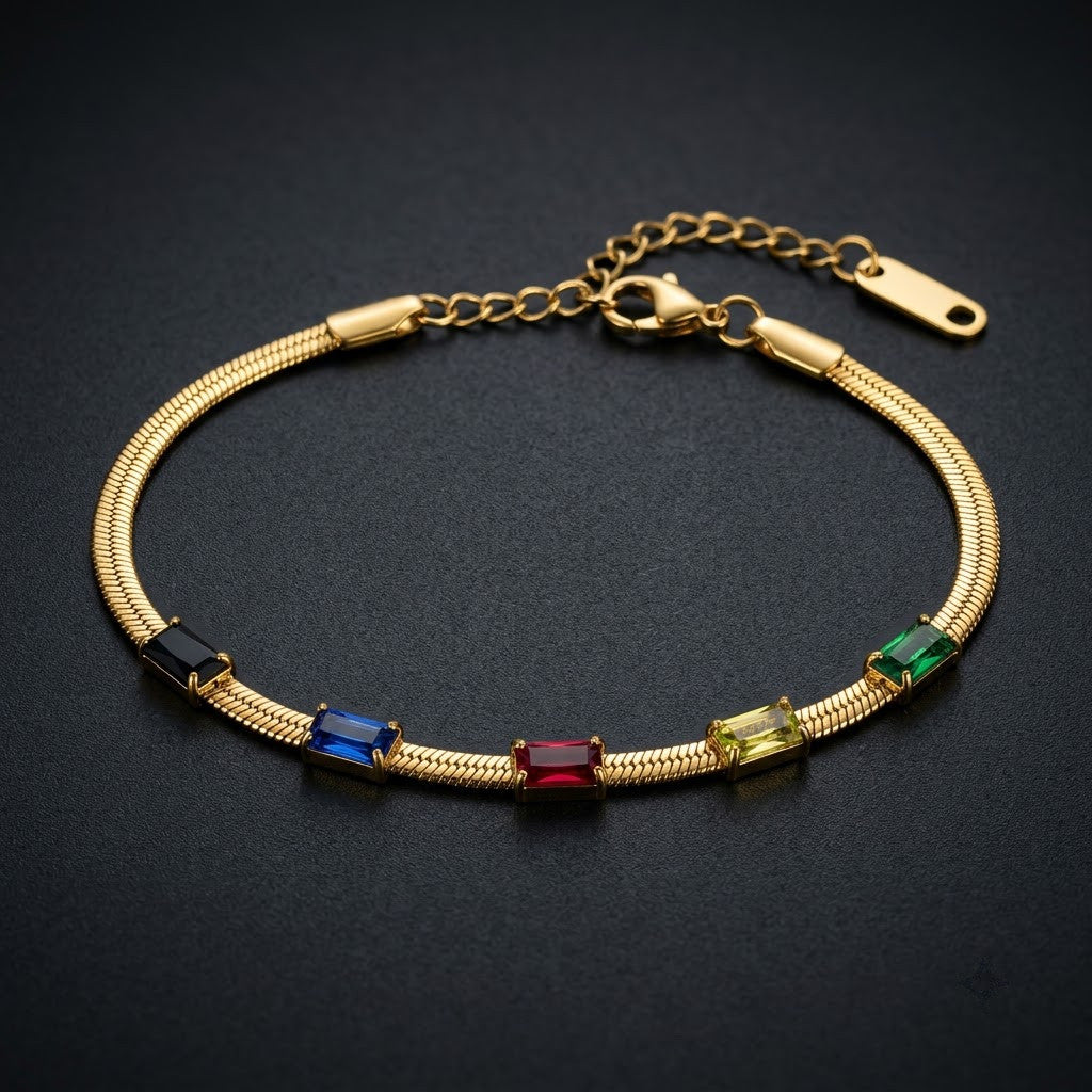 Rainbow Sapphire Baguette Gemstone Snake Chain Bracelet - View 5 | ANUSI 18K Gold Jewelry