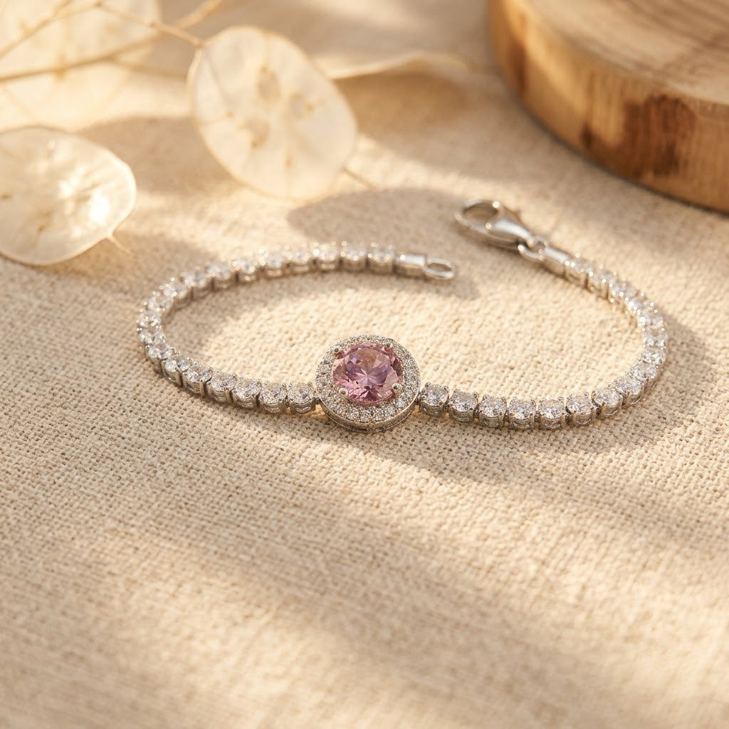 Blush Pink Sapphire Halo Solitaire Tennis Bracelet - View 5 | ANUSI 18K Gold Jewelry