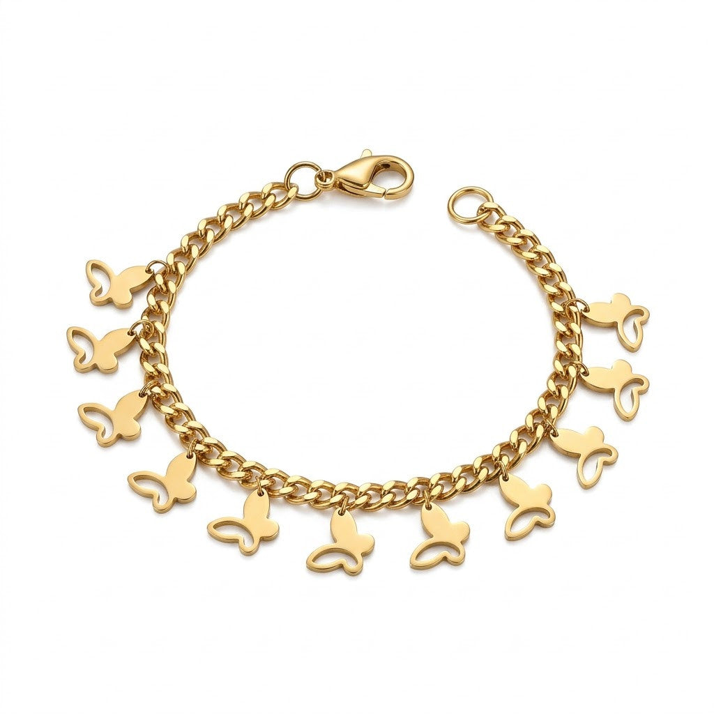 Cascading Flutter Butterfly Charm Fringe Anklet - View 1 | ANUSI 18K Gold Jewelry