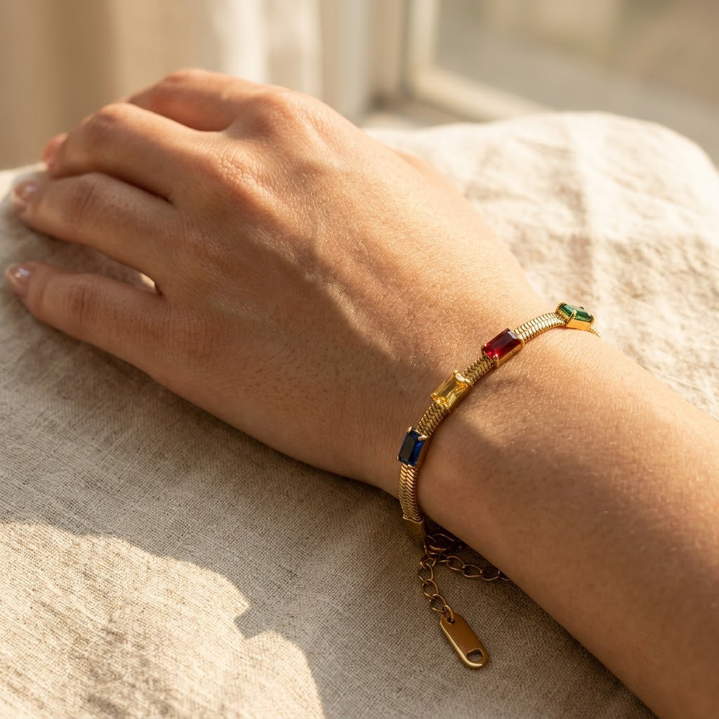 Rainbow Sapphire Baguette Gemstone Snake Chain Bracelet - View 4 | ANUSI 18K Gold Jewelry