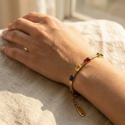 Rainbow Sapphire Baguette Gemstone Snake Chain Bracelet - View 4 | ANUSI 18K Gold Jewelry