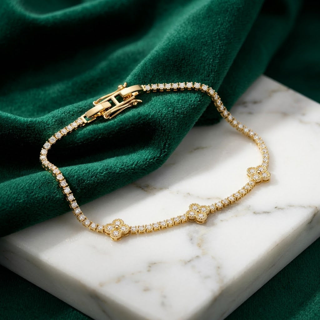 Four-Leaf Clover Micropavé Station Tennis Bracelet - View 4 | ANUSI 18K Gold Jewelry