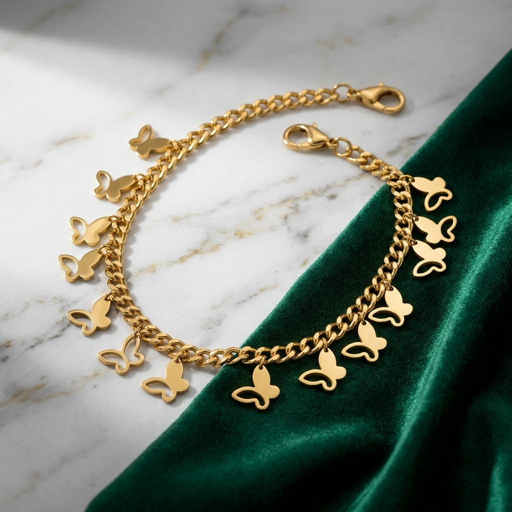 Cascading Flutter Butterfly Charm Fringe Anklet - View 4 | ANUSI 18K Gold Jewelry