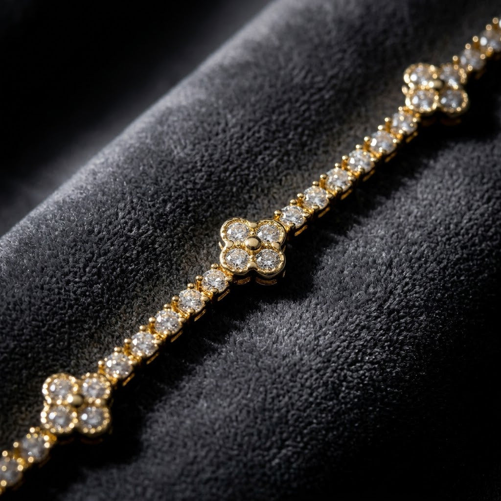 Four-Leaf Clover Micropavé Station Tennis Bracelet - View 6 | ANUSI 18K Gold Jewelry