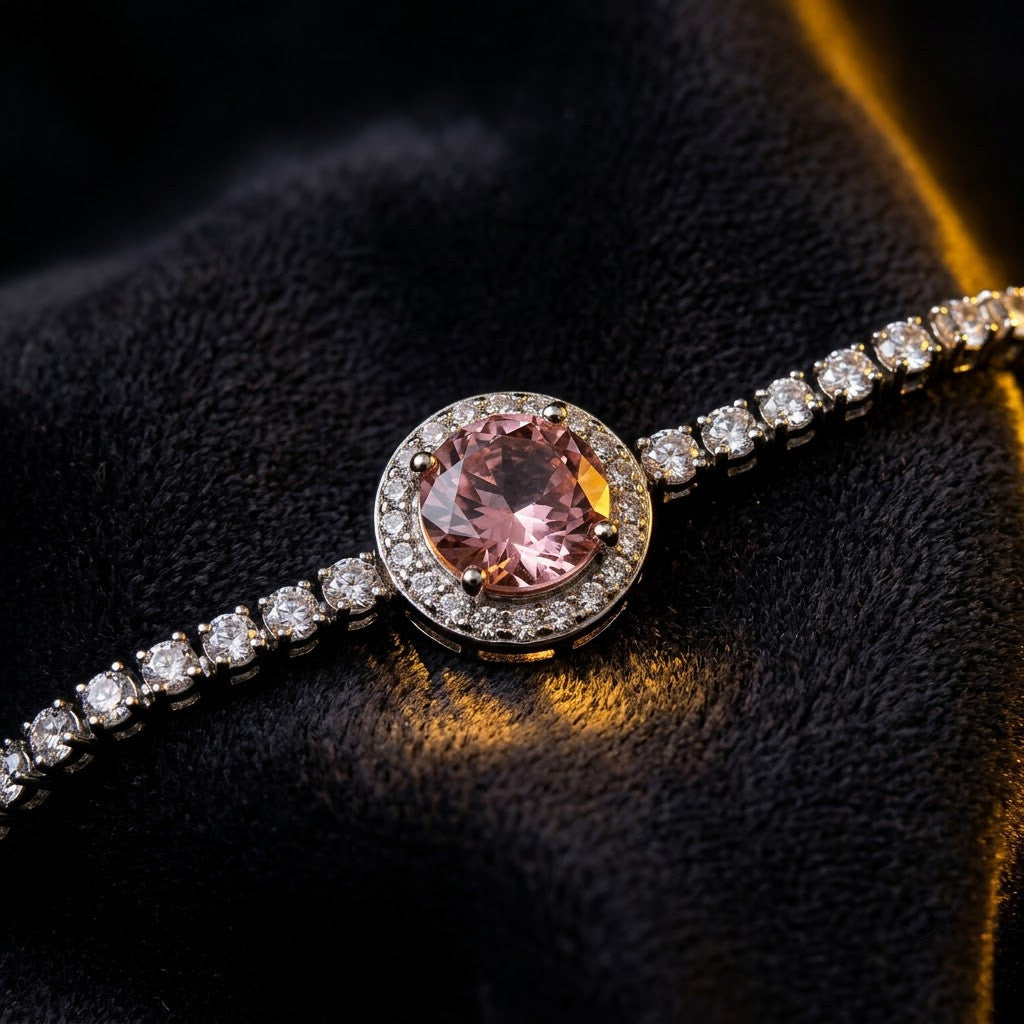 Blush Pink Sapphire Halo Solitaire Tennis Bracelet - View 7 | ANUSI 18K Gold Jewelry