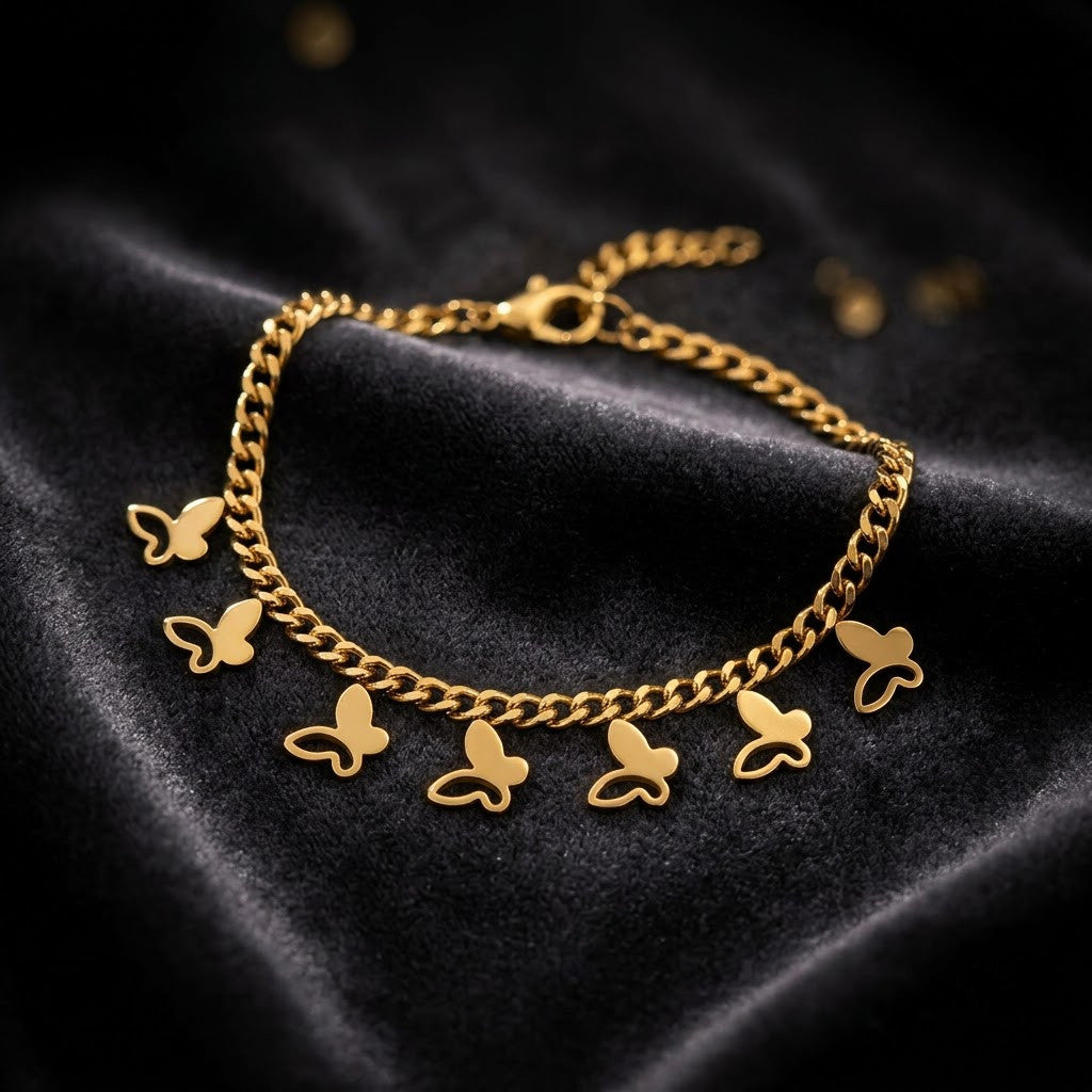 Cascading Flutter Butterfly Charm Fringe Anklet - View 7 | ANUSI 18K Gold Jewelry