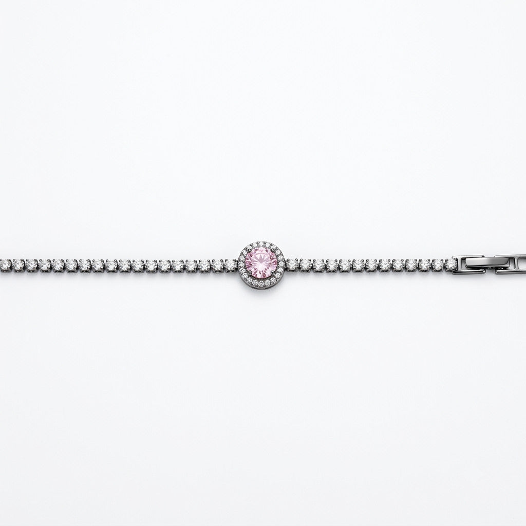 Blush Pink Sapphire Halo Solitaire Tennis Bracelet - View 1 | ANUSI 18K Gold Jewelry
