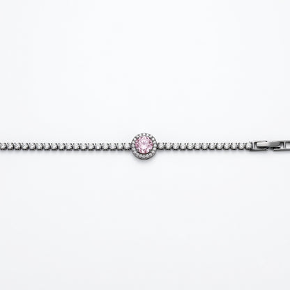Blush Pink Sapphire Halo Solitaire Tennis Bracelet - View 1 | ANUSI 18K Gold Jewelry