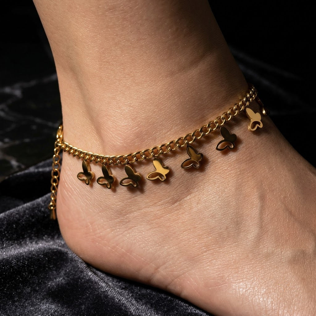 Cascading Flutter Butterfly Charm Fringe Anklet - View 6 | ANUSI 18K Gold Jewelry