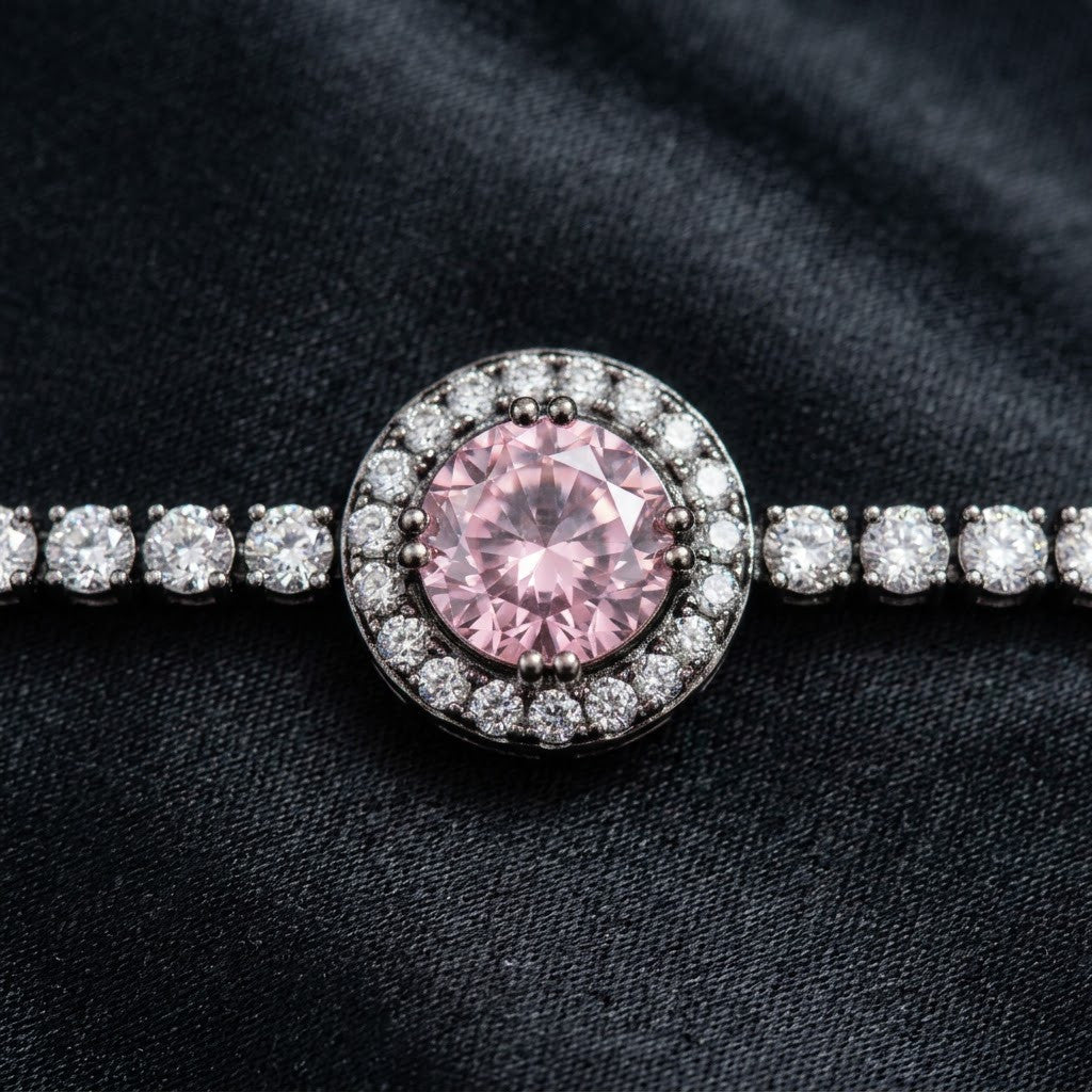 Blush Pink Sapphire Halo Solitaire Tennis Bracelet - View 3 | ANUSI 18K Gold Jewelry