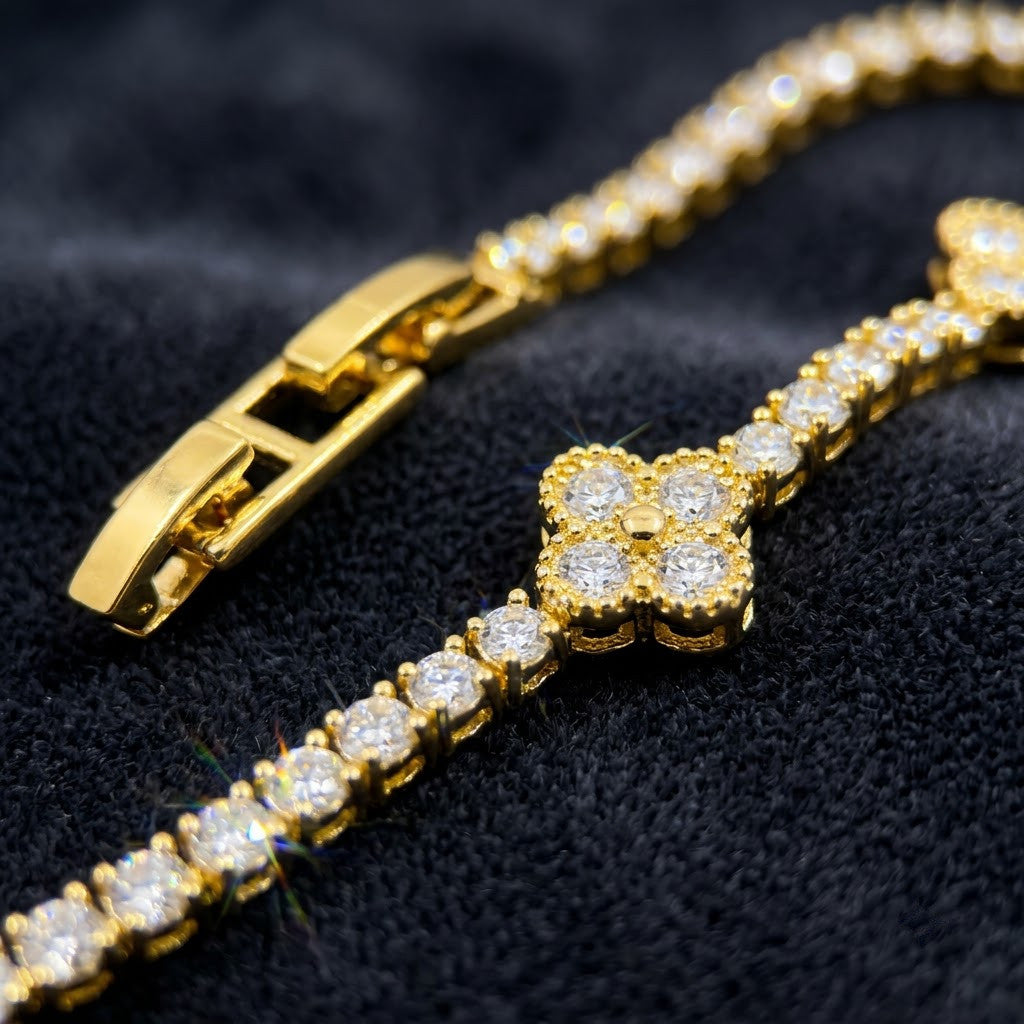 Four-Leaf Clover Micropavé Station Tennis Bracelet - View 3 | ANUSI 18K Gold Jewelry