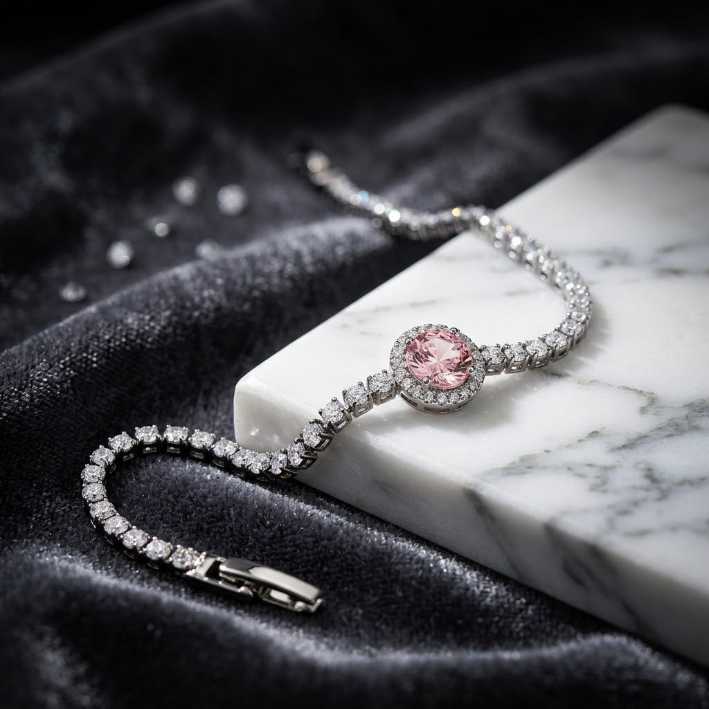 Blush Pink Sapphire Halo Solitaire Tennis Bracelet - View 4 | ANUSI 18K Gold Jewelry