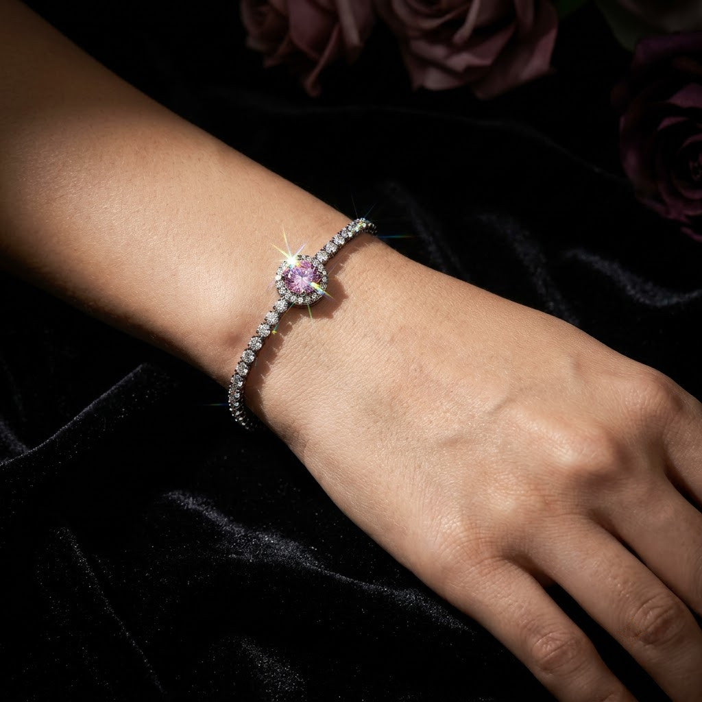 Blush Pink Sapphire Halo Solitaire Tennis Bracelet - View 6 | ANUSI 18K Gold Jewelry