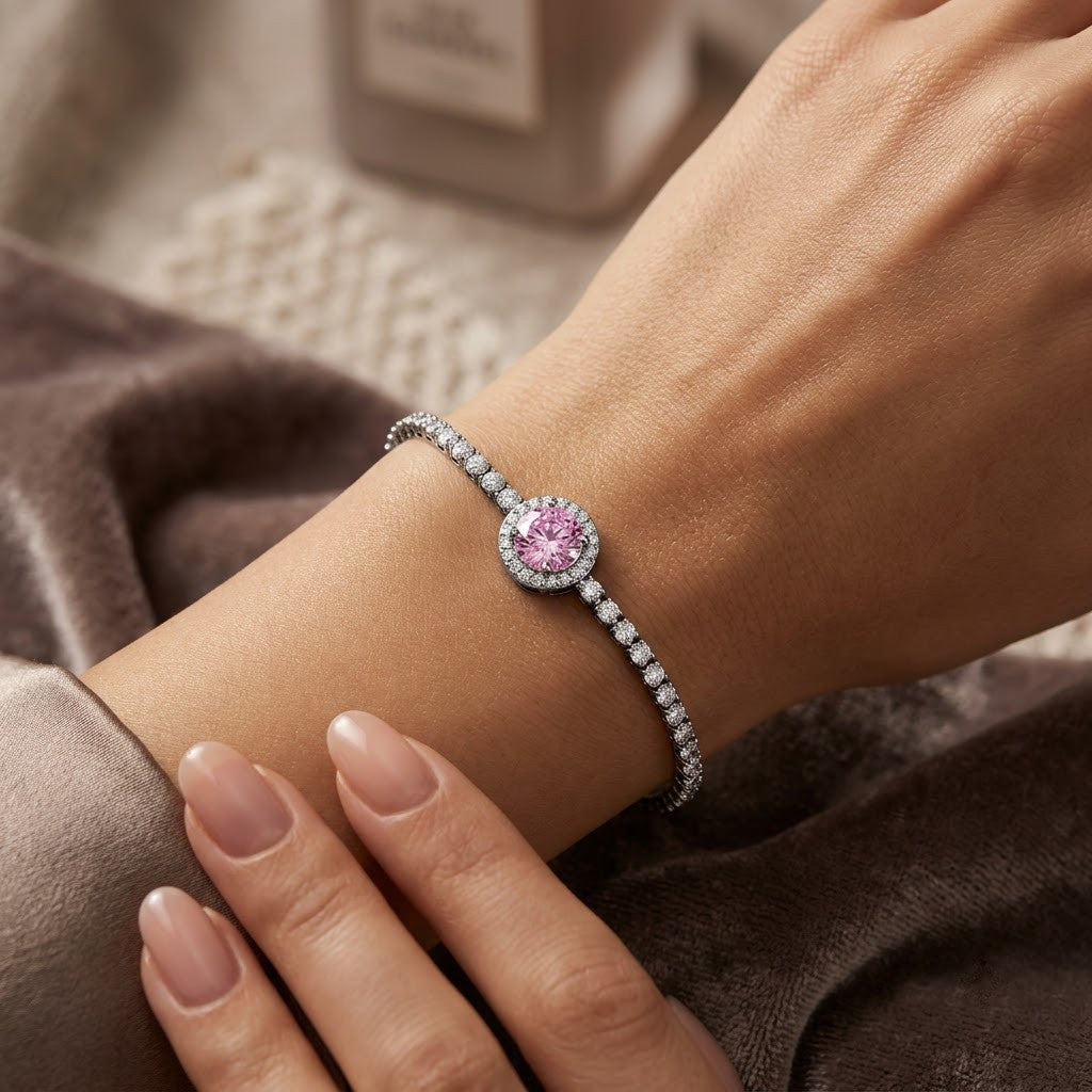 Blush Pink Sapphire Halo Solitaire Tennis Bracelet - View 2 | ANUSI 18K Gold Jewelry